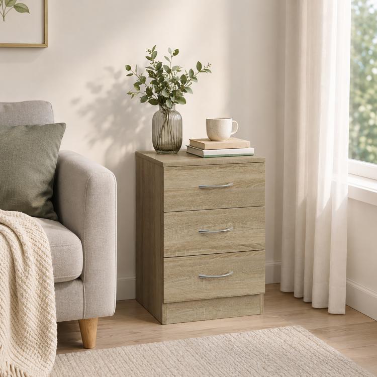 Three-Drawer Simple Bedside Table - Oak
