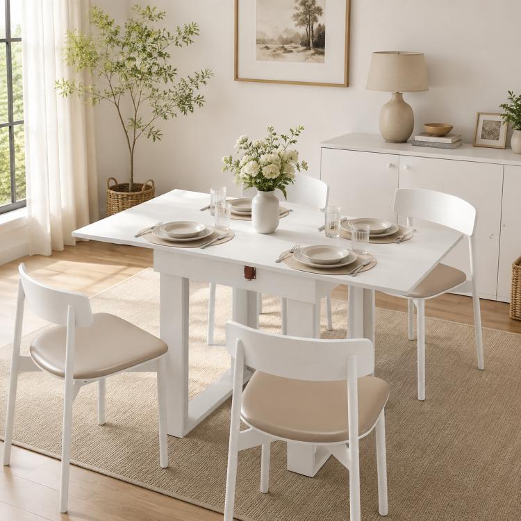 Folding Dining Table Under-Table Storage Extendable Kitchen Table Steel Rail White
