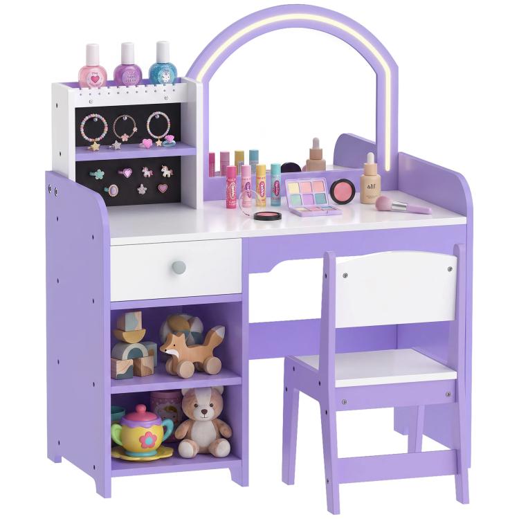 Kids Vanity Set, Kids Dressing Table with Stool, Drawer, Purple