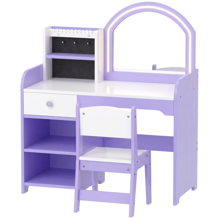 Kids Vanity Set, Kids Dressing Table with Stool, Drawer, Purple