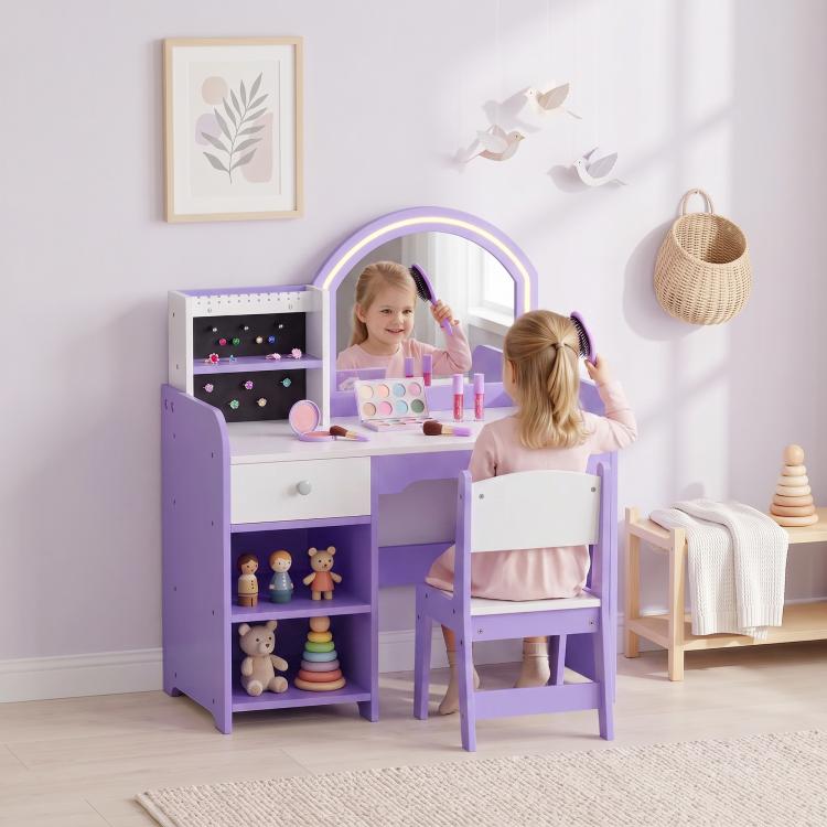 Kids Vanity Set, Kids Dressing Table with Stool, Drawer, Purple