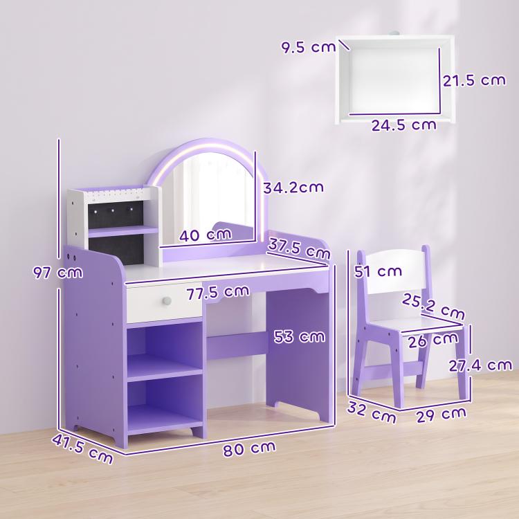 Kids Vanity Set, Kids Dressing Table with Stool, Drawer, Purple