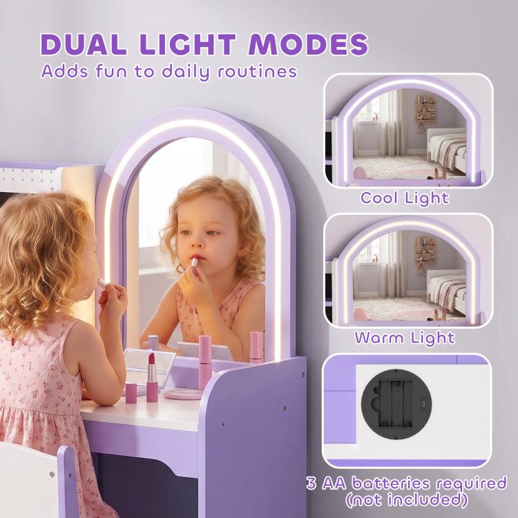 Kids Vanity Set, Kids Dressing Table with Stool, Drawer, Purple