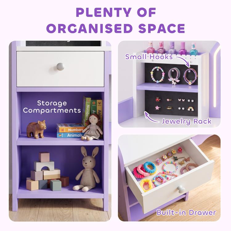 Kids Vanity Set, Kids Dressing Table with Stool, Drawer, Purple