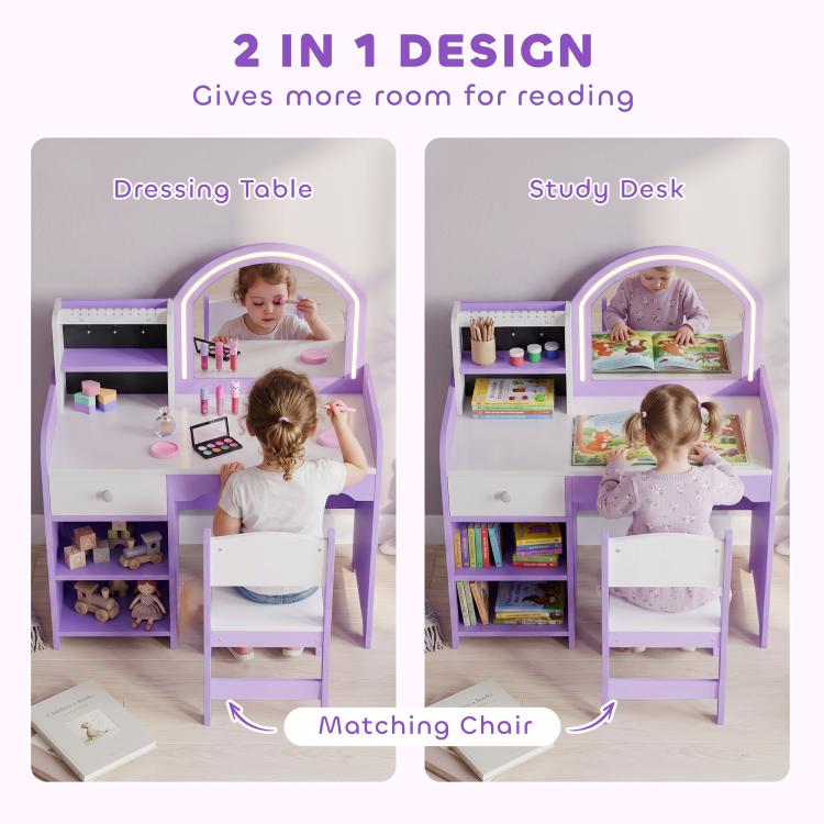 Kids Vanity Set, Kids Dressing Table with Stool, Drawer, Purple