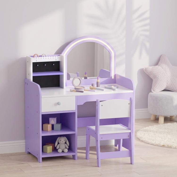 Kids Vanity Set, Kids Dressing Table with Stool, Drawer, Purple