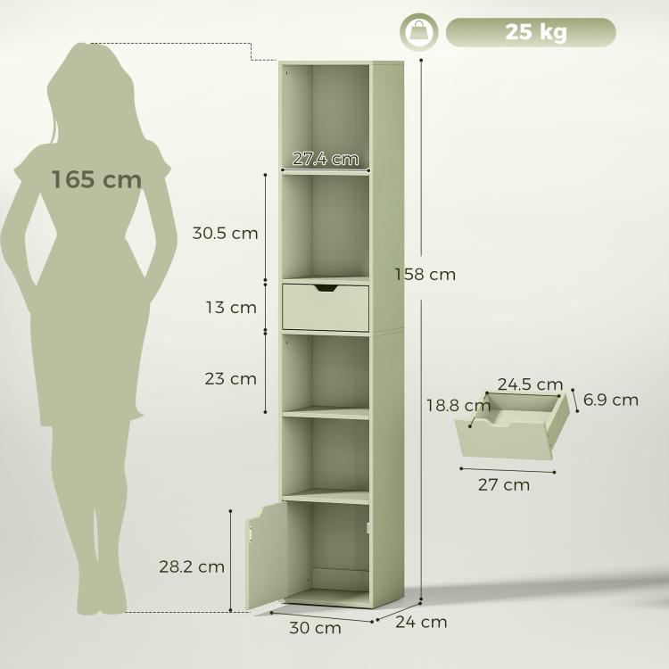 6-Tier Bookcase SlimDrawer Door 30 x 24 x 158 cm Green
