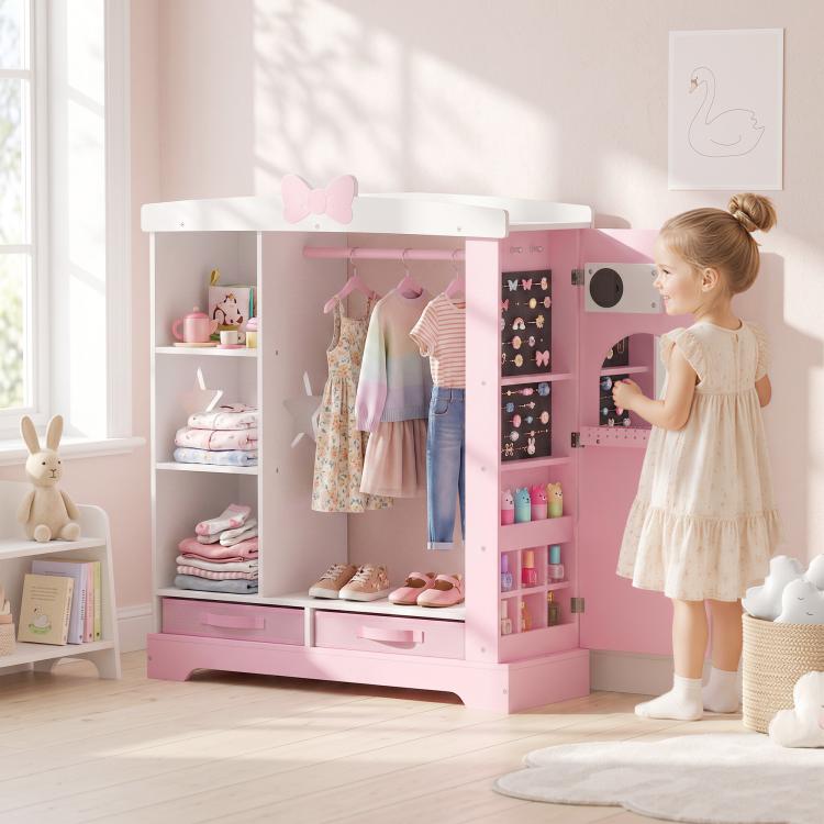 Kids Wardrobe, Children Dress Up Storage, Lighted Mirror, Pink