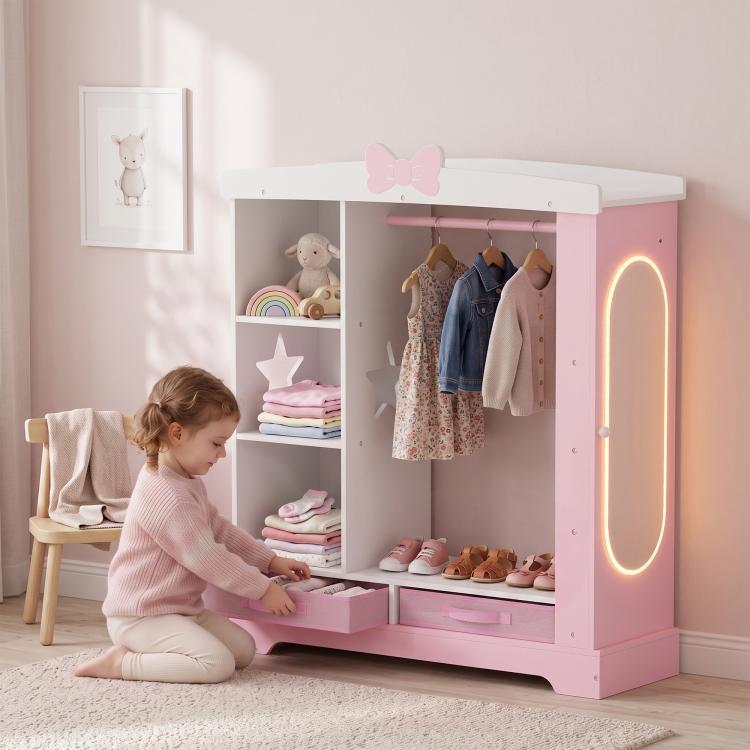 Kids Wardrobe, Children Dress Up Storage, Lighted Mirror, Pink