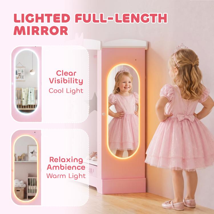 Kids Wardrobe, Children Dress Up Storage, Lighted Mirror, Pink