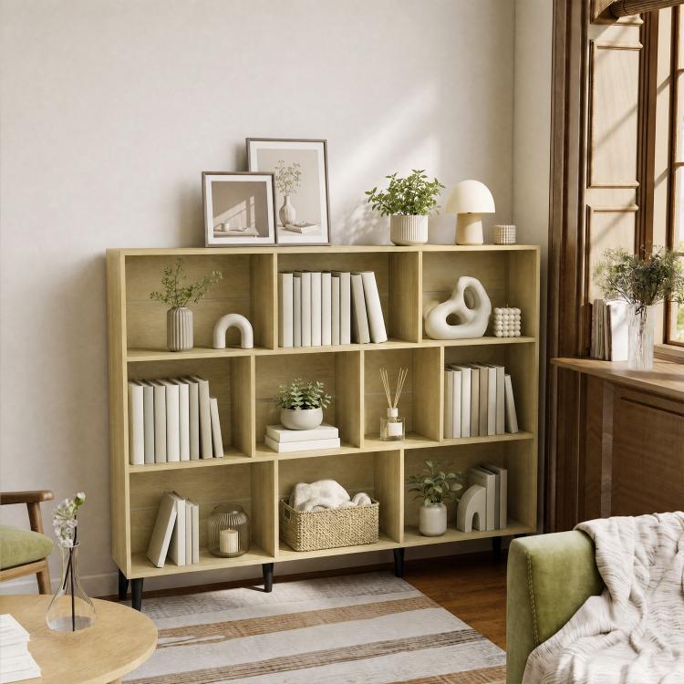 10-Cube Bookcase, 3-Tier Book Shelf with Solid Wood Legs, 140 cm Modern Bookshelf with Anti-Tip Kit, Oak