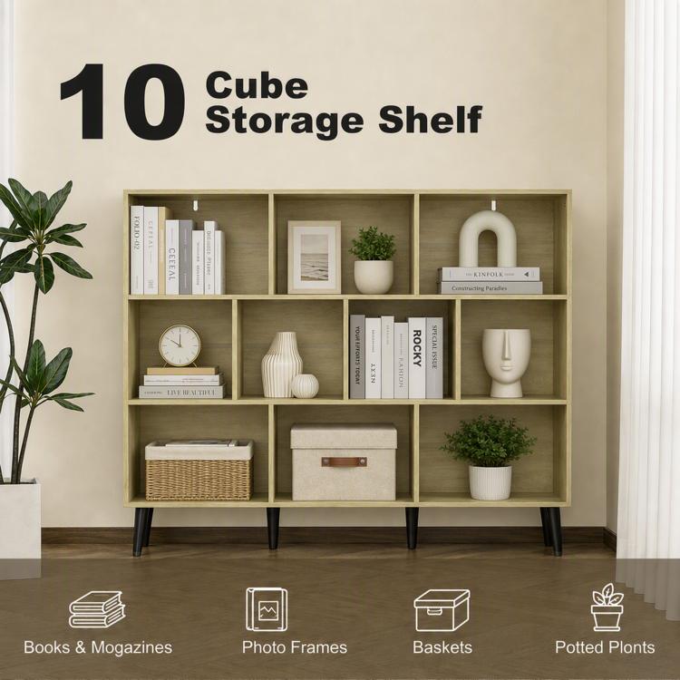 10-Cube Bookcase, 3-Tier Book Shelf with Solid Wood Legs, 140 cm Modern Bookshelf with Anti-Tip Kit, Oak