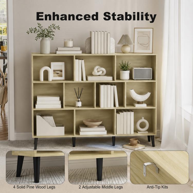 10-Cube Bookcase, 3-Tier Book Shelf with Solid Wood Legs, 140 cm Modern Bookshelf with Anti-Tip Kit, Oak