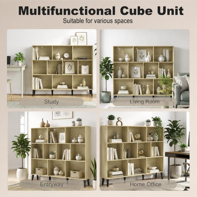 10-Cube Bookcase, 3-Tier Book Shelf with Solid Wood Legs, 140 cm Modern Bookshelf with Anti-Tip Kit, Oak