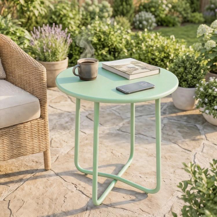 48 cm Round Garden Side Table, Small Metal Outdoor Garden Table with Rolled Edge, Green