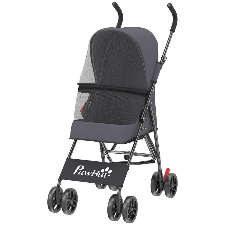 Dog Stroller, Foldable Cat Dog Pram for Miniature Breeds, Pet Stroller with Brake, Mesh Windows, Dark Grey