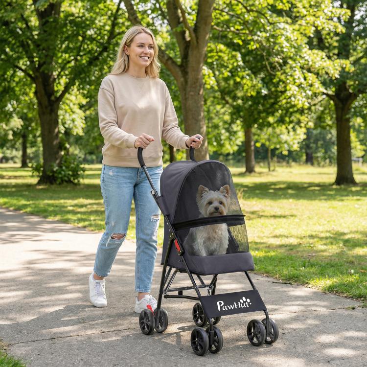 Dog Stroller, Foldable Cat Dog Pram for Miniature Breeds, Pet Stroller with Brake, Mesh Windows, Dark Grey