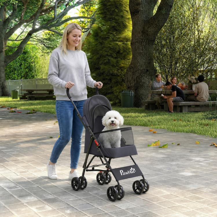 Dog Stroller, Foldable Cat Dog Pram for Miniature Breeds, Pet Stroller with Brake, Mesh Windows, Dark Grey