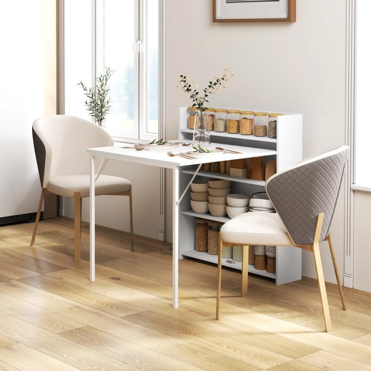 Kitchen Table, Folding Dining Table, with 4-Tier Shelves, Modern Drop-Leaf Table, White