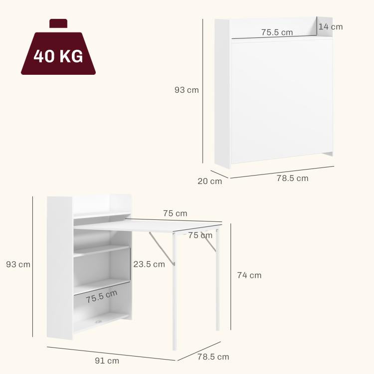 Kitchen Table, Folding Dining Table, with 4-Tier Shelves, Modern Drop-Leaf Table, White
