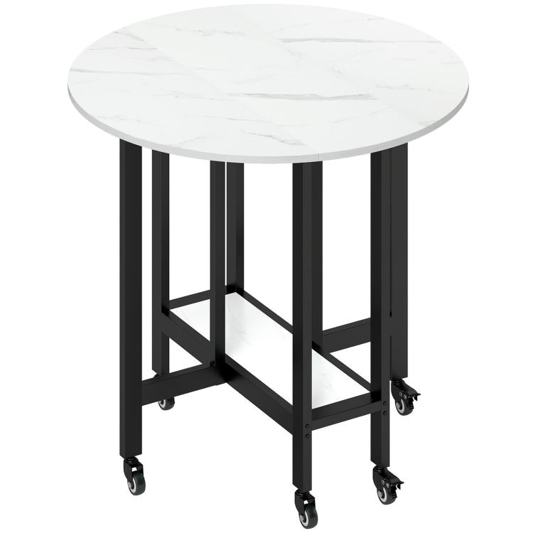 Folding Dining Table, Drop Leaf Table with Open Shelf, Rolling Kitchen Table for Dining Room, Small Spaces, White Marble