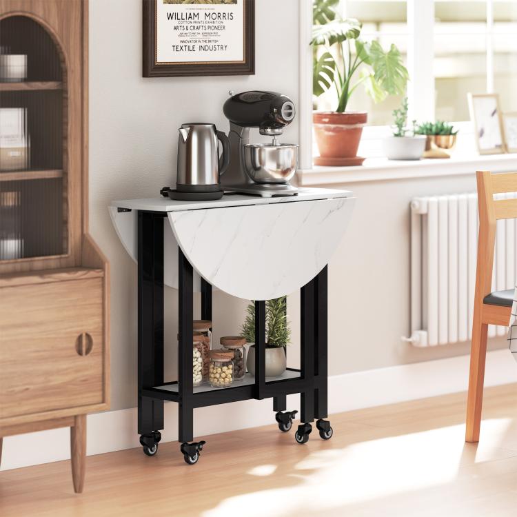 Folding Dining Table, Drop Leaf Table with Open Shelf, Rolling Kitchen Table for Dining Room, Small Spaces, White Marble