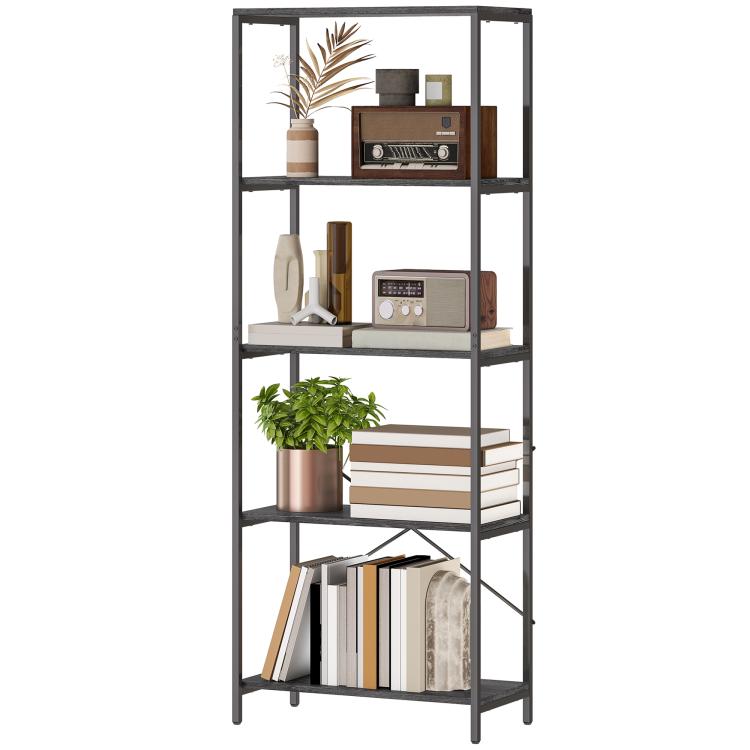 5-Tier Bookshelf, Industrial Bookcase with Metal Frame - Dark Grey and Black