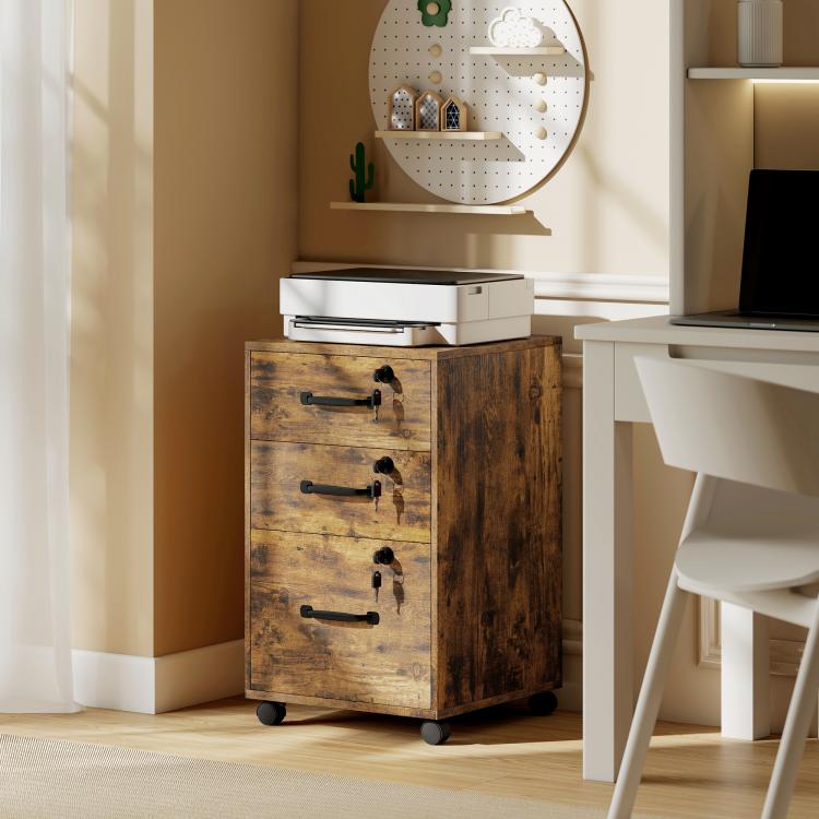 Three Drawer Wood-Effect Filing Cabinet - Rustic Brown