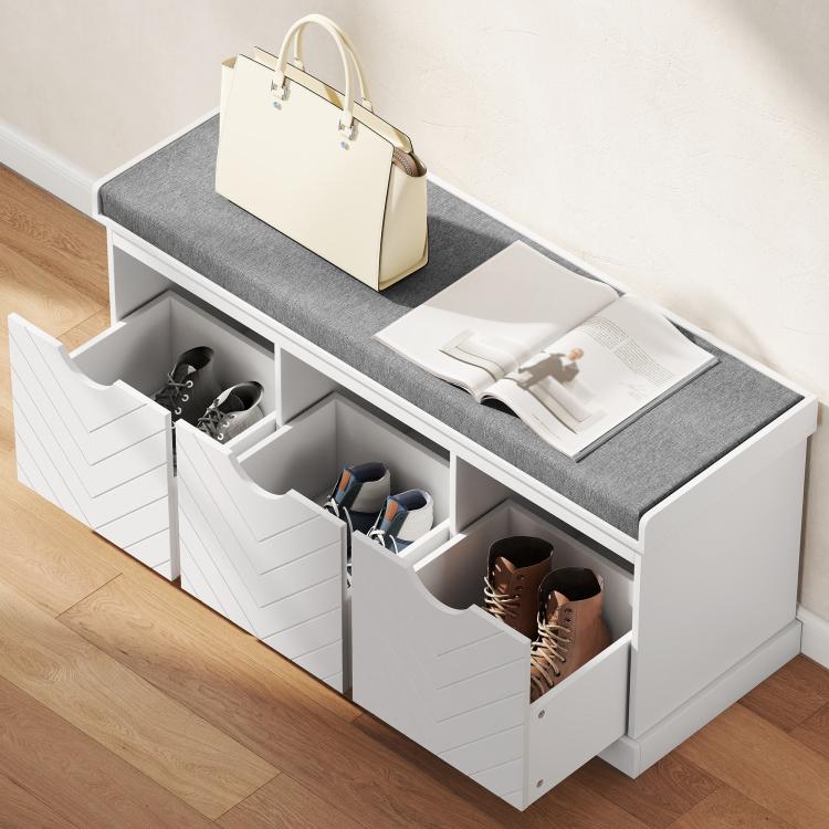 Three-Drawer Shoe Bench, with Seat - White