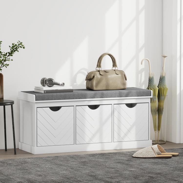 Three-Drawer Shoe Bench, with Seat - White