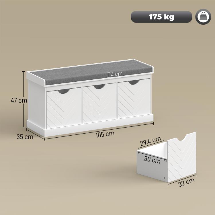 Three-Drawer Shoe Bench, with Seat - White