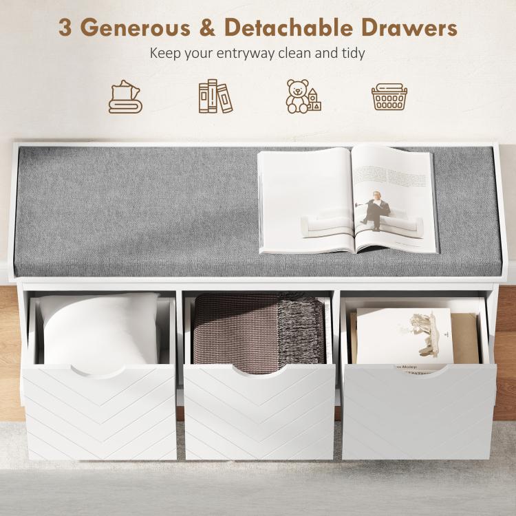 Three-Drawer Shoe Bench, with Seat - White