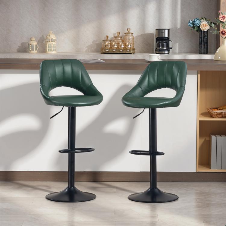 Set of Two Faux Leather Bar Stools - Dark Green