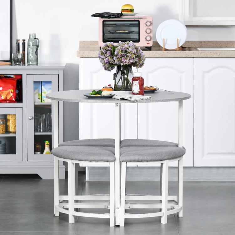 Modern Round Dining Table Set with 4 Upholstered Stools for Dining Room, Kitchen, Grey