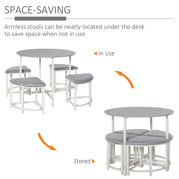Modern Round Dining Table Set with 4 Upholstered Stools for Dining Room, Kitchen, Grey