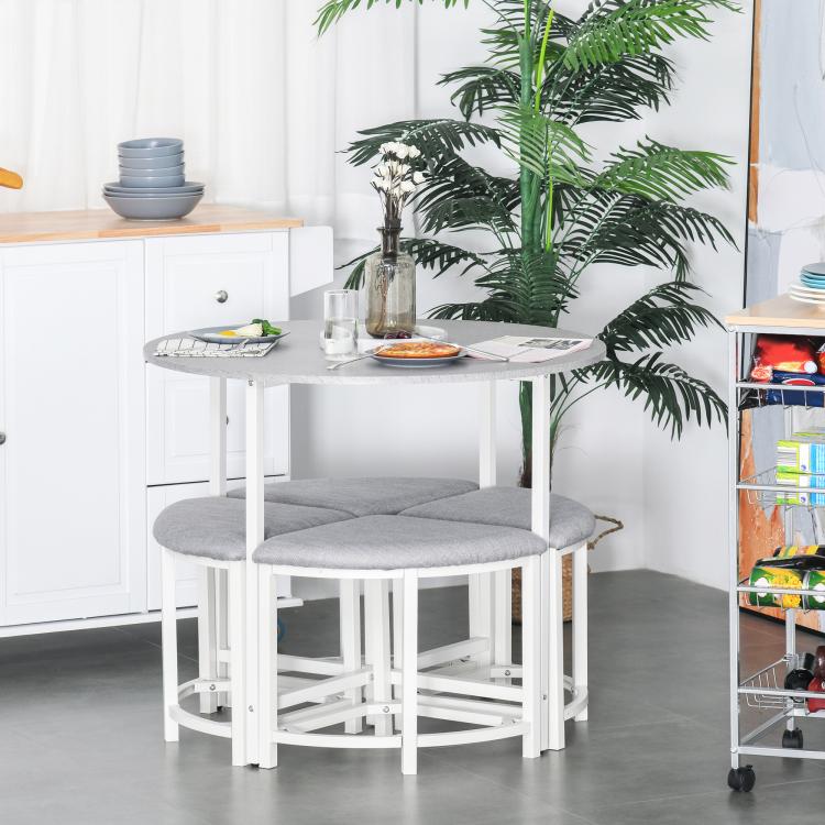 Modern Round Dining Table Set with 4 Upholstered Stools for Dining Room, Kitchen, Grey