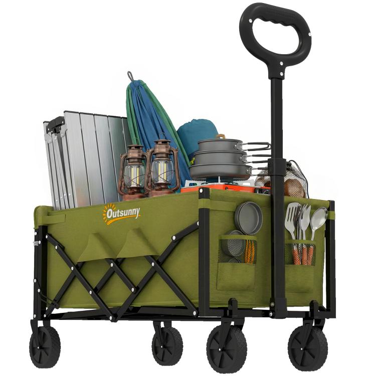 60L Foldable Festival Trolley on Wheels, Collapsible Wagon Cart with Drop-Down Tailgate, Adjustable Handle, Green