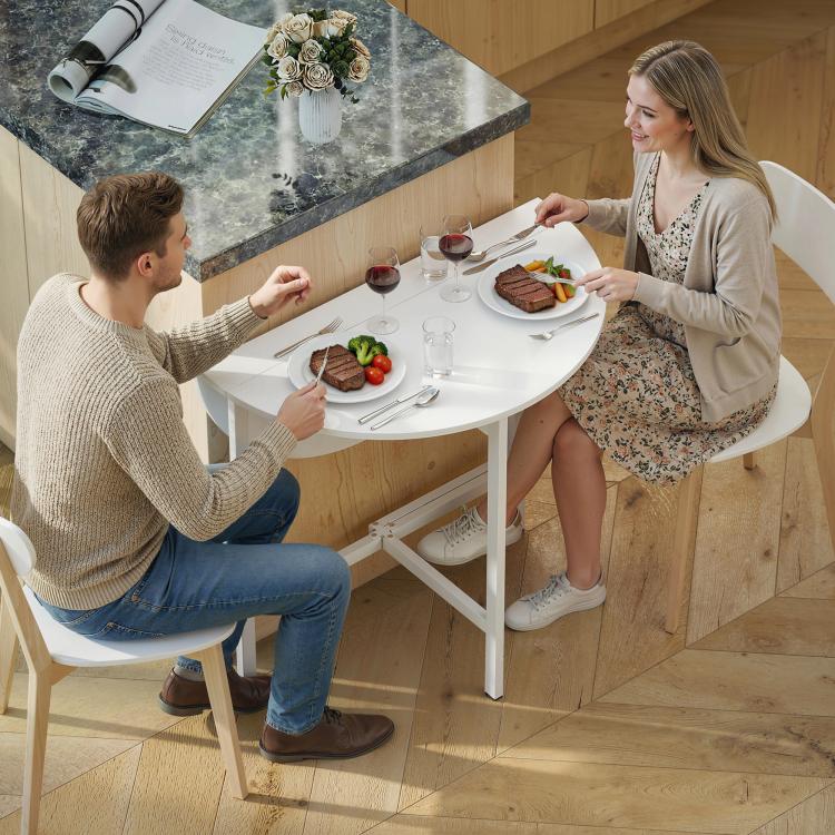 Collapsible?Drop Leaf Table, Folding Dining Table for Small Spaces, Extendable Kitchen Table with Steel Frame, White
