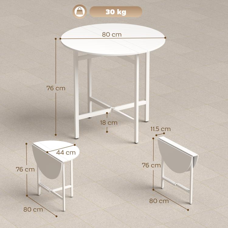 Collapsible?Drop Leaf Table, Folding Dining Table for Small Spaces, Extendable Kitchen Table with Steel Frame, White
