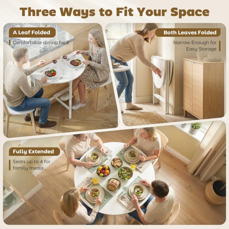 Collapsible?Drop Leaf Table, Folding Dining Table for Small Spaces, Extendable Kitchen Table with Steel Frame, White