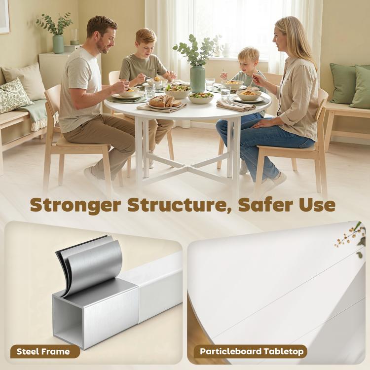 Collapsible?Drop Leaf Table, Folding Dining Table for Small Spaces, Extendable Kitchen Table with Steel Frame, White