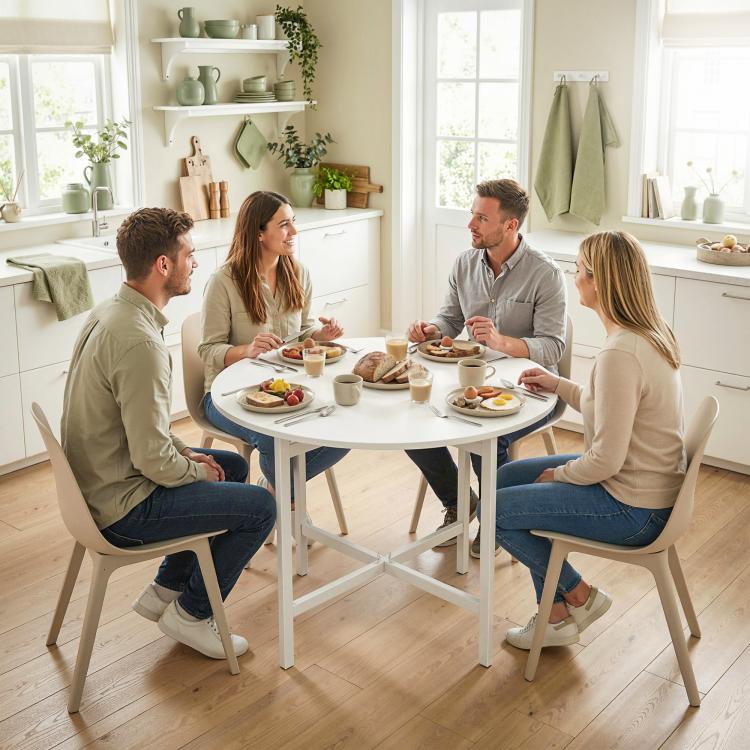 Collapsible?Drop Leaf Table, Folding Dining Table for Small Spaces, Extendable Kitchen Table with Steel Frame, White