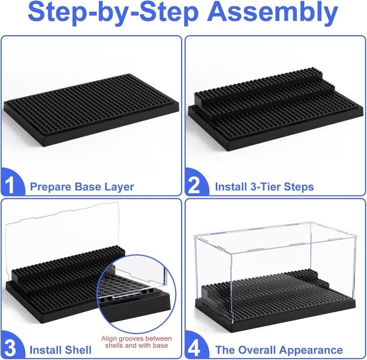 Minifigures Figure Display Case - 3-Tier Clear Acrylic Dustproof Black, Grey