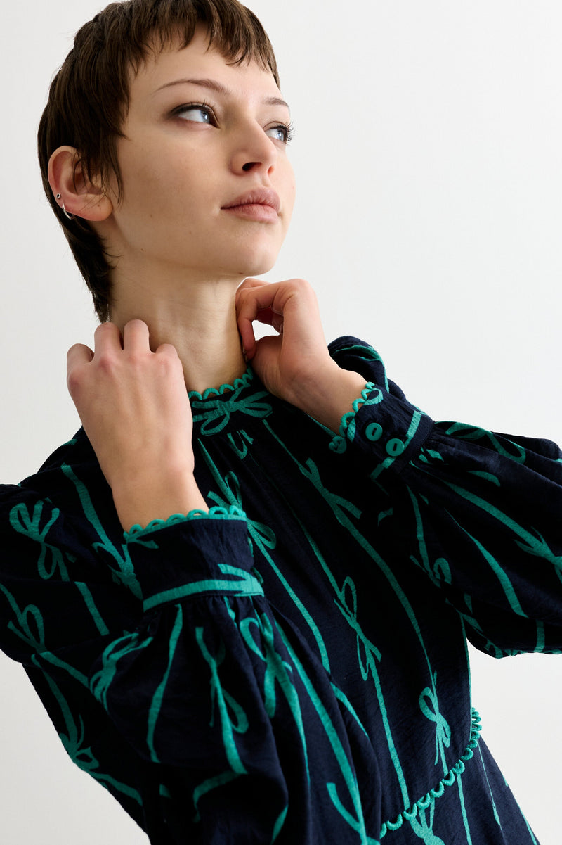 Avon Tie Up High Neck Long Sleeve Midi Dress – Navy