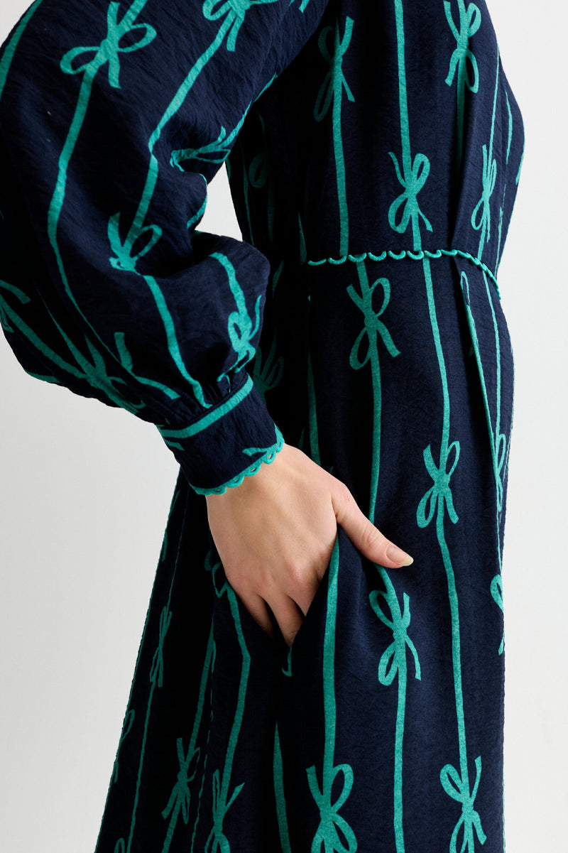 Avon Tie Up High Neck Long Sleeve Midi Dress – Navy