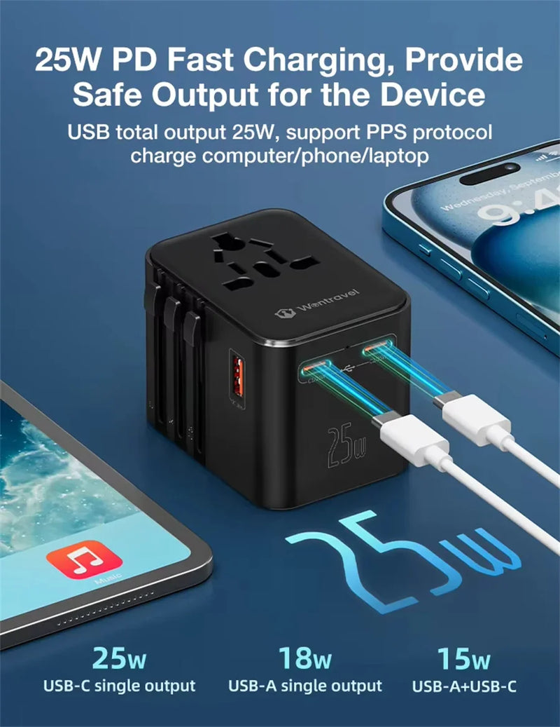 JINGMIN Universal Travel Adapter with 4 AC Outlets 1 USB Ports 2 Type-C PD 25W All-in-one Fast Power Charge On EU UK US AUS Plug
