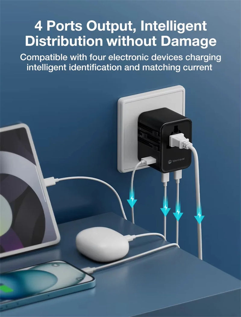 JINGMIN Universal Travel Adapter with 4 AC Outlets 1 USB Ports 2 Type-C PD 25W All-in-one Fast Power Charge On EU UK US AUS Plug