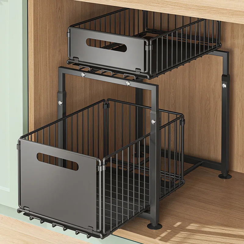 Adjustable Under Sink Storage Rack - 2 Tier Pull Out Cabinet Organiser Sliding Baskets