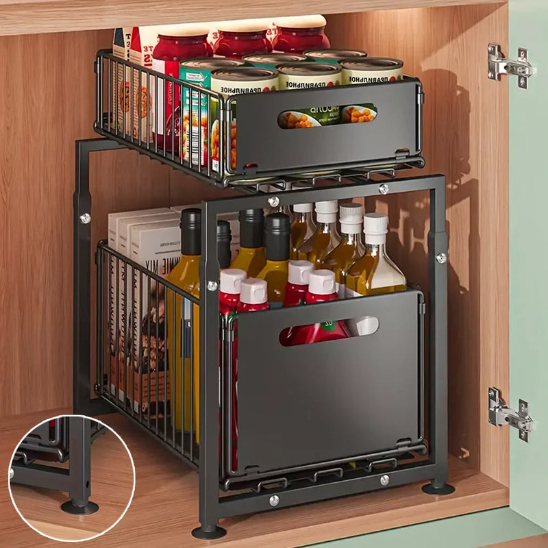Adjustable Under Sink Storage Rack - 2 Tier Pull Out Cabinet Organiser Sliding Baskets