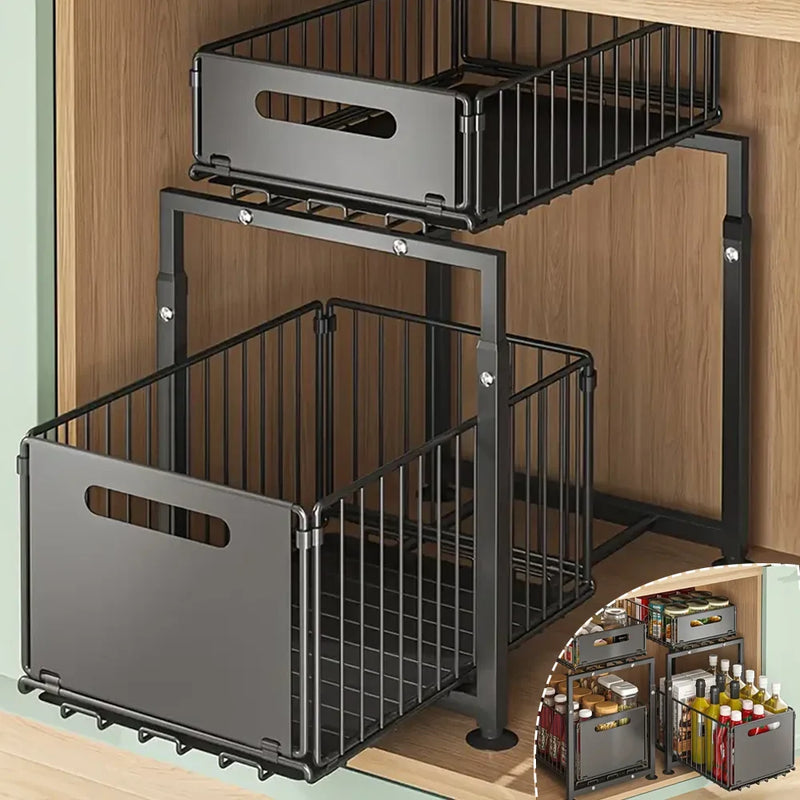 Adjustable Under Sink Storage Rack - 2 Tier Pull Out Cabinet Organiser Sliding Baskets